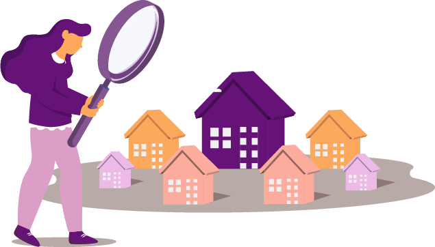 graphic of a woman looking at a group of different sized houses through a magnifying glass, symbolises searching for a home