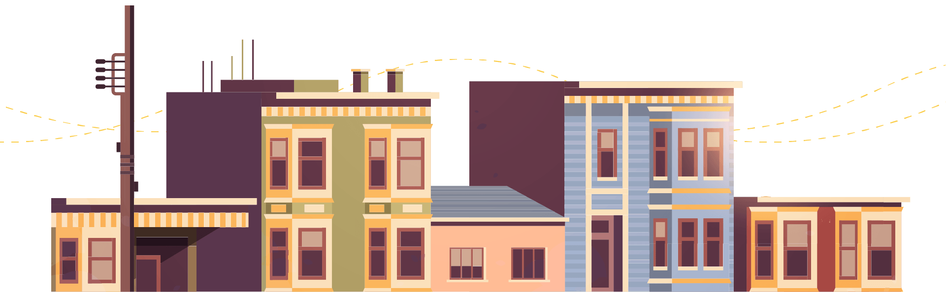 graphic of a street of buildings and houses