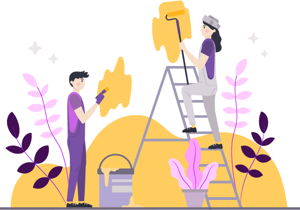 graphic of a man and woman painting wall with plants around