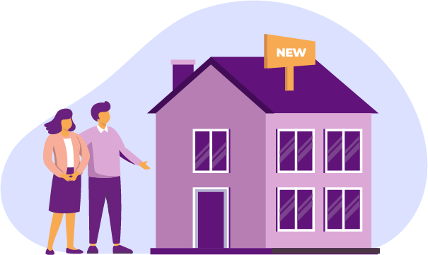 graphic of a man and woman couple walking into a home with a sign titled "NEW"
