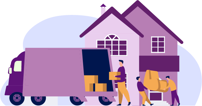 graphic of three men moving furniture and boxes out of a van into a house