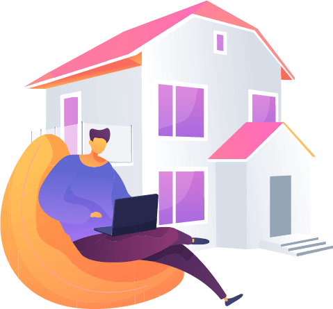 graphic of a person sitting in a seat and on their laptop, with a graphic of a home in the background